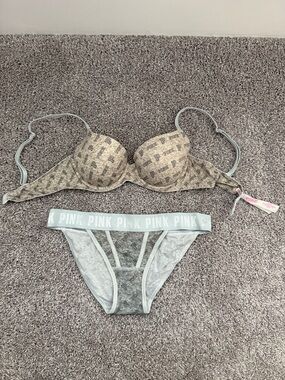 Victoria's Secret PINK Tan Logo Push-Up Bra & Light Gray Bikini Set